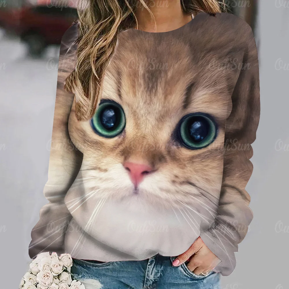 Cat Print maniche lunghe Tees Pullover Casual allentato Street abbigliamento femminile divertente carino top autunno/inverno cotone t-shirt da donna