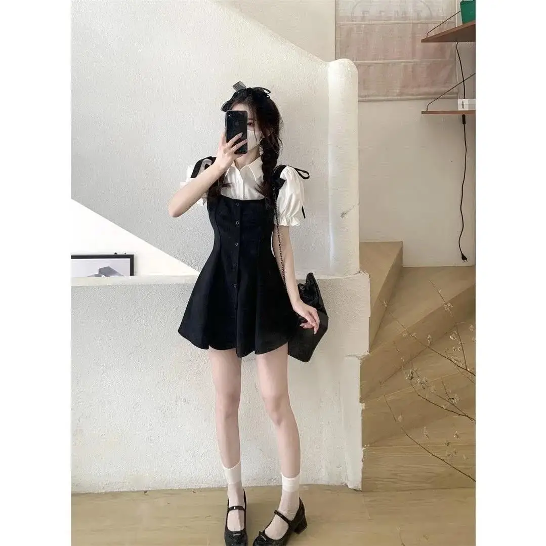 2023 College Style Bubble Sleeve Blouse And Skirt Set Women's  Knot Waist Cinching Dress Sweet And Spicy Two Piece Set