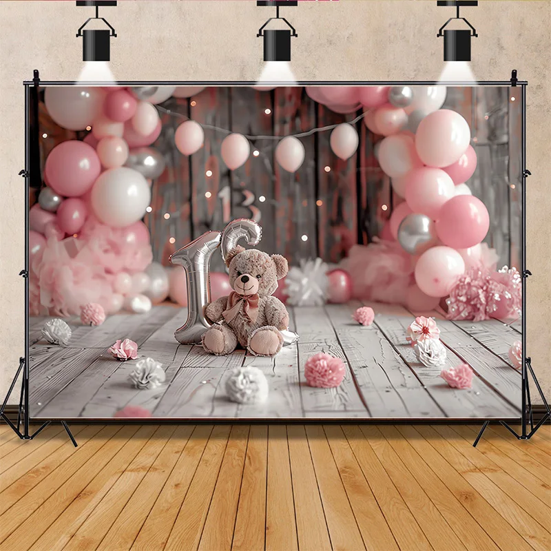 

Happy Birthday Photography Background Number Pink Bear doll Hydrogen balloon Floral Baby Party Backdrops SR-76