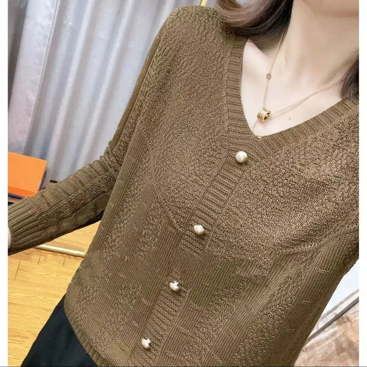 New Spring Autumn Women Stylish Chic Hollow V Neck All Match Knitted Sweater Simple Casual Long Sleeve Solid Loose Pullover Tops