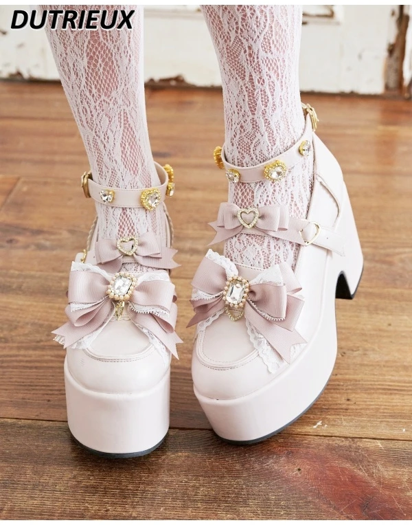 

Japanese Style Sweet Girls Heart Bowknot High Heels Mine Mass-Produced Lolita Thick Bottom Mary Jane Platform Shoes for Women