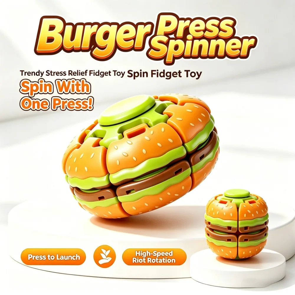 3D Hamburger Press and Spin Ball Novelty Stress-Relief Office and Classroom Fidget Spinner Toy Portable Stress-Relief Gadget