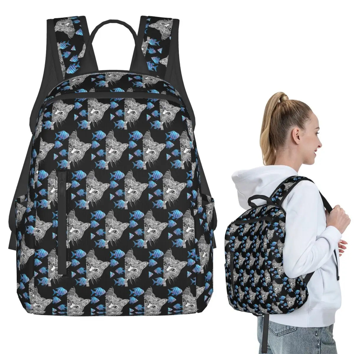 

Fishbowl Friend - Whimsical Cat And Fish Art Backpack Student BookBag Children School Bag Laptop Shoulder Bags Boys Girls