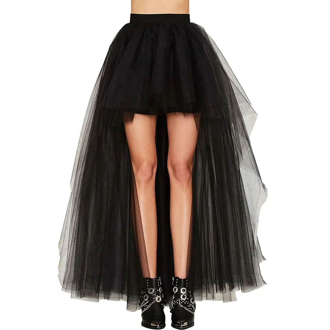 

Black High-Low Tulle Skirt Women's A-Line Tutu Skirt with Layered Mesh Petticoat