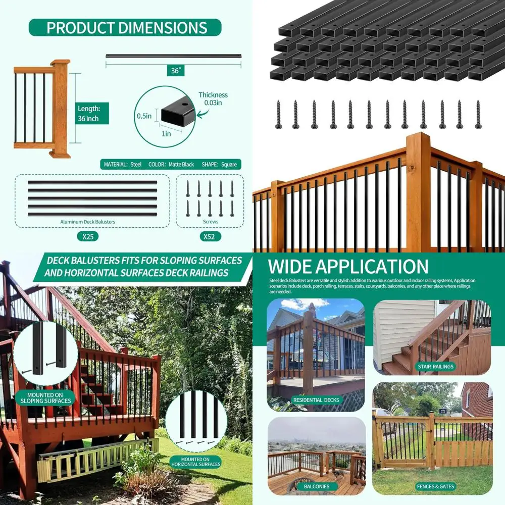 

36 Hollow Rectangular Stair Railing for Decks and Indoor Stairs, 25-Pack with Screws for Outdoor Porch Railing