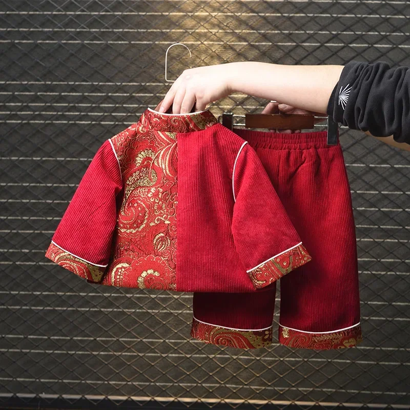 Chinese Traditional Costumes for Kids Boys Girls Hanfu Chinese New Year Outfit Red Corduroy Coat Winter China Style Tang Suit