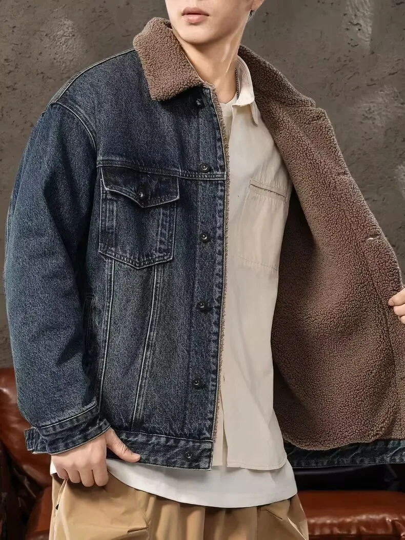 

Lamb Velvet Thiened Cotton Jaet Men's Winter Warm Retro American Sle Denim Jaet Youth Faion Long Sve Regular Fit