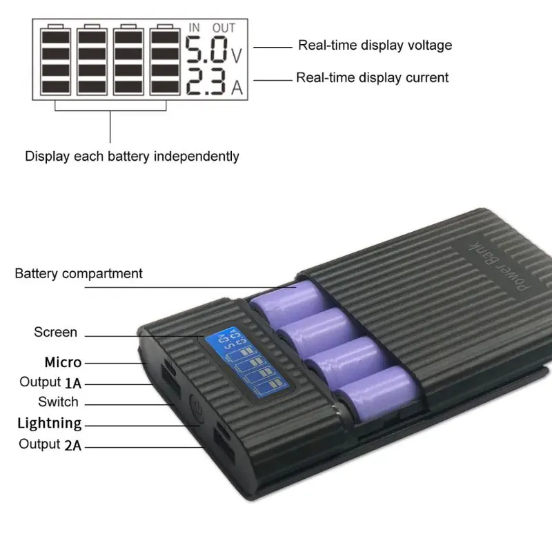 Anti-Reverse DIY Box 4x 18650 Battery LCD Display Used on Travelling/Outdoor Activities for phone