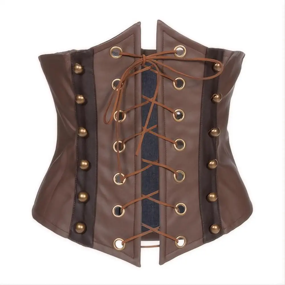 Damen Steampunk Unterbrust-Korsett Braunes Kunstleder-Bustier mit Metallnieten Goldene Nieten Hochgeschlossenes Vintage Gothic-Oberteil – Detail 6