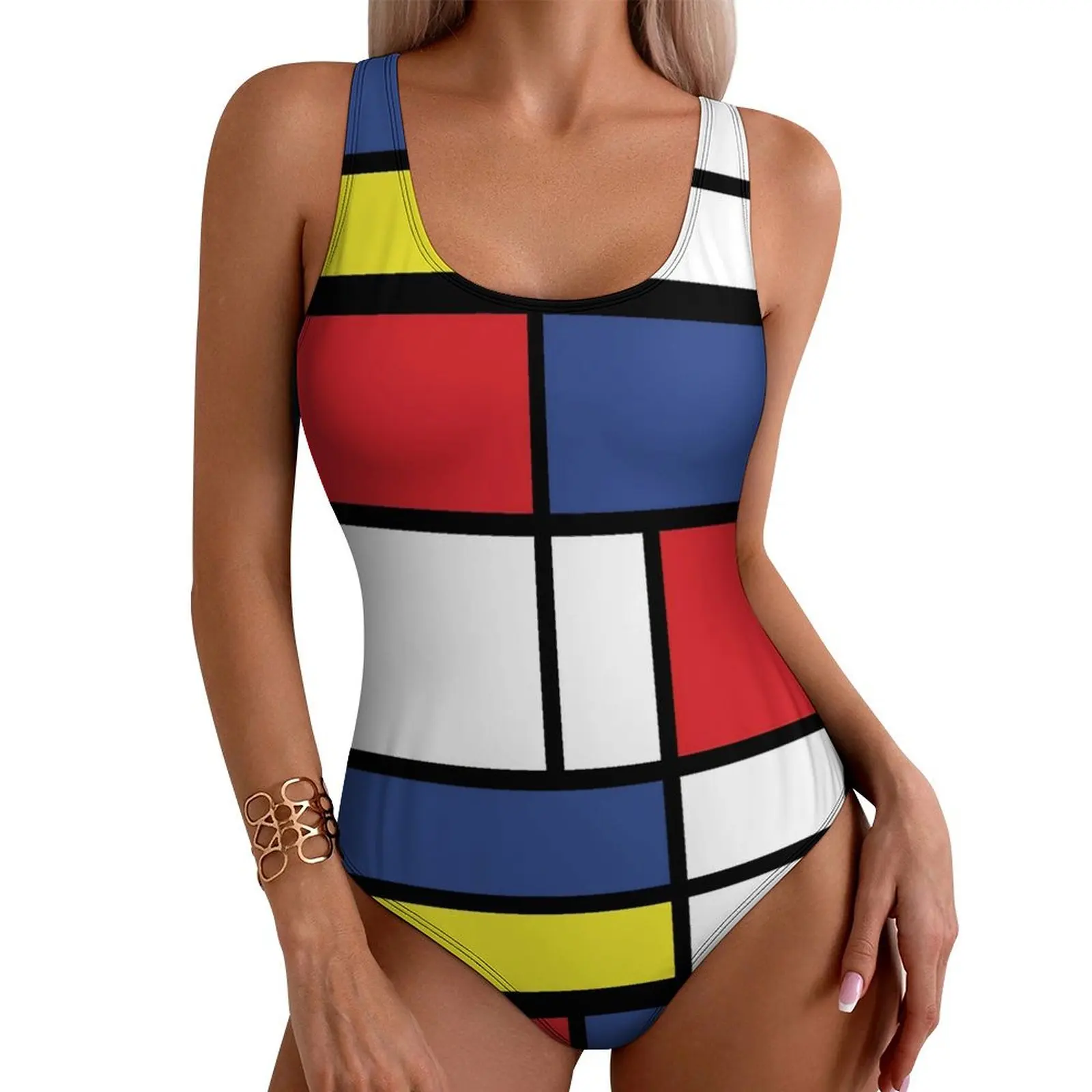 Colorblock Swimsuit Sexy Mondrian Woman Swimwear One-Piece Trendy Bodysuit Vacation Bath Push Up Backless Beach Outfits