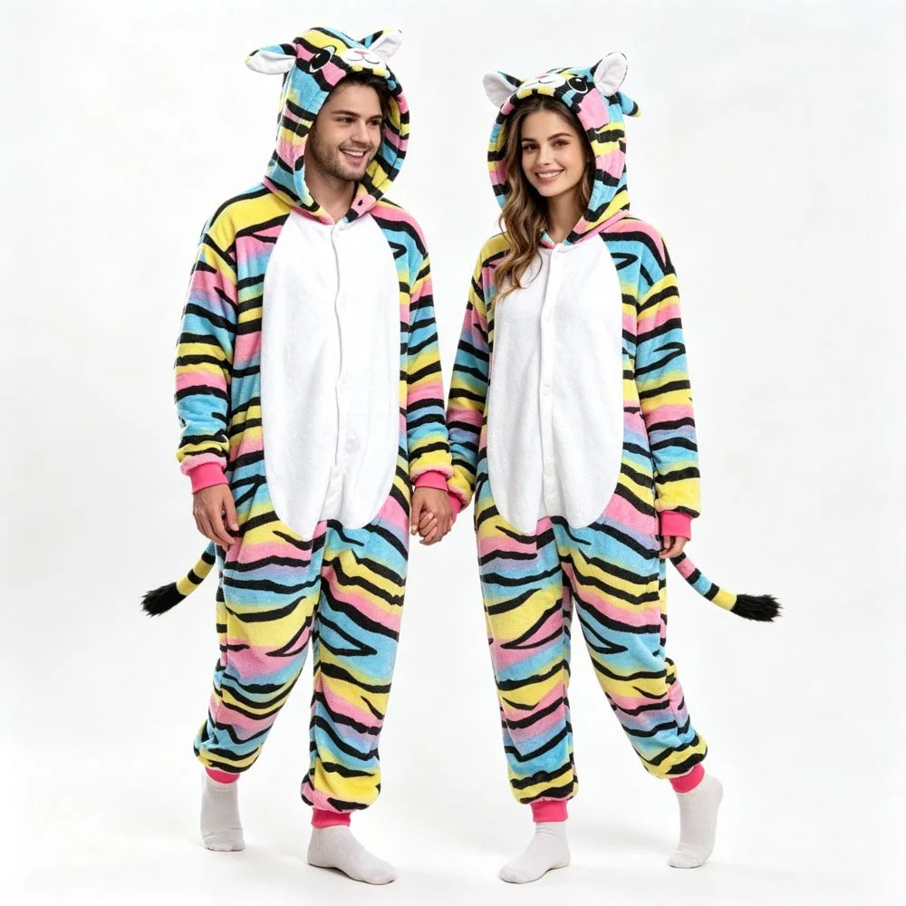 Couples Pajamas Winter Warm Cozy One Piece Hooded Jumpsuits Panda Tiger Zebra Unicorn Kigurumi Pajama Adult Homewear Costumes
