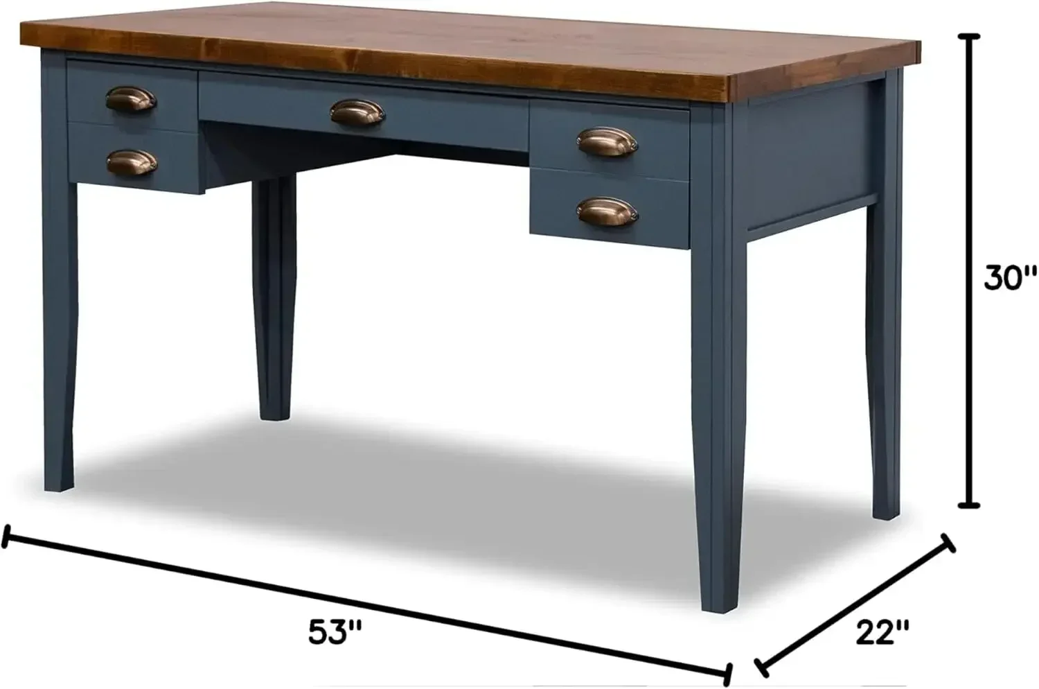 مكتب كتابة Nantucket Modern Farmhouse ذو 3 أدراج، 53 بوصة، مجمع بالكامل، خشب الحور الصلب، الدنيم الأزرق والويسكي #4