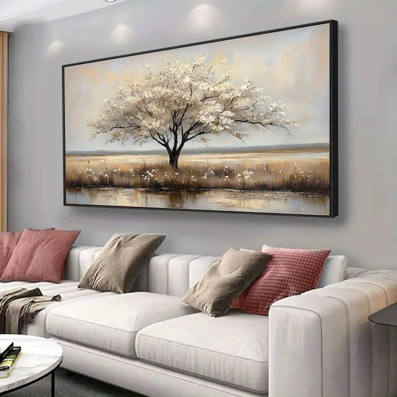 

Large Abstract Tree Canvas Art Frameless Wall Painting, Tree with White Flowers in Landscape, for Corridor Decor, Wall Art Decor