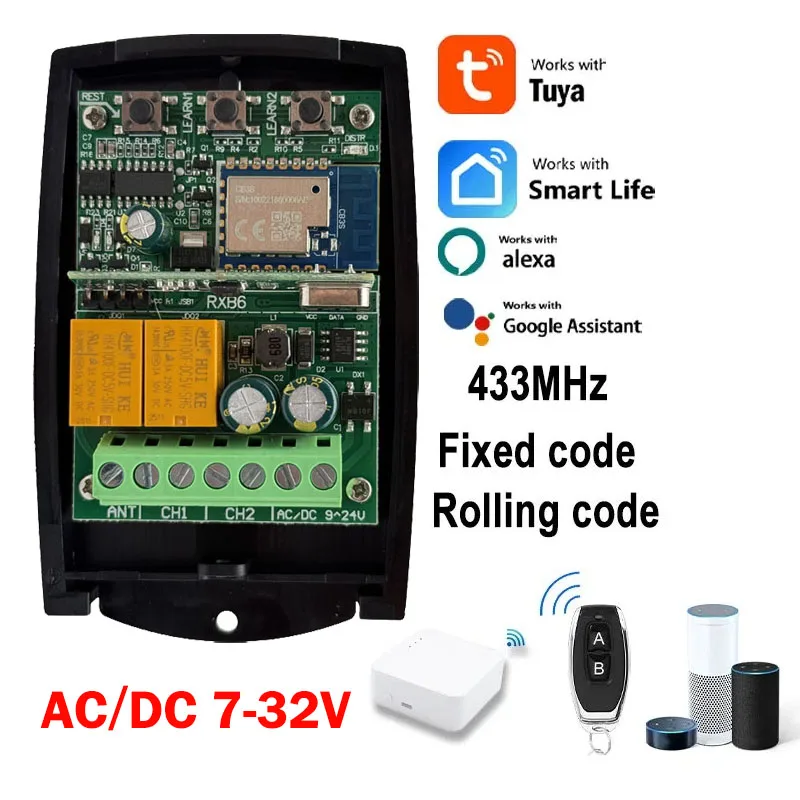 

433,92МГц Tuya Wi-Fi Приемник, контроллер переключателя ворот, устройство открывания гаражных ворот, 2 канала переменного тока, постоянный ток, AC DC 7-32V 85-250V приемник дистанционного управления