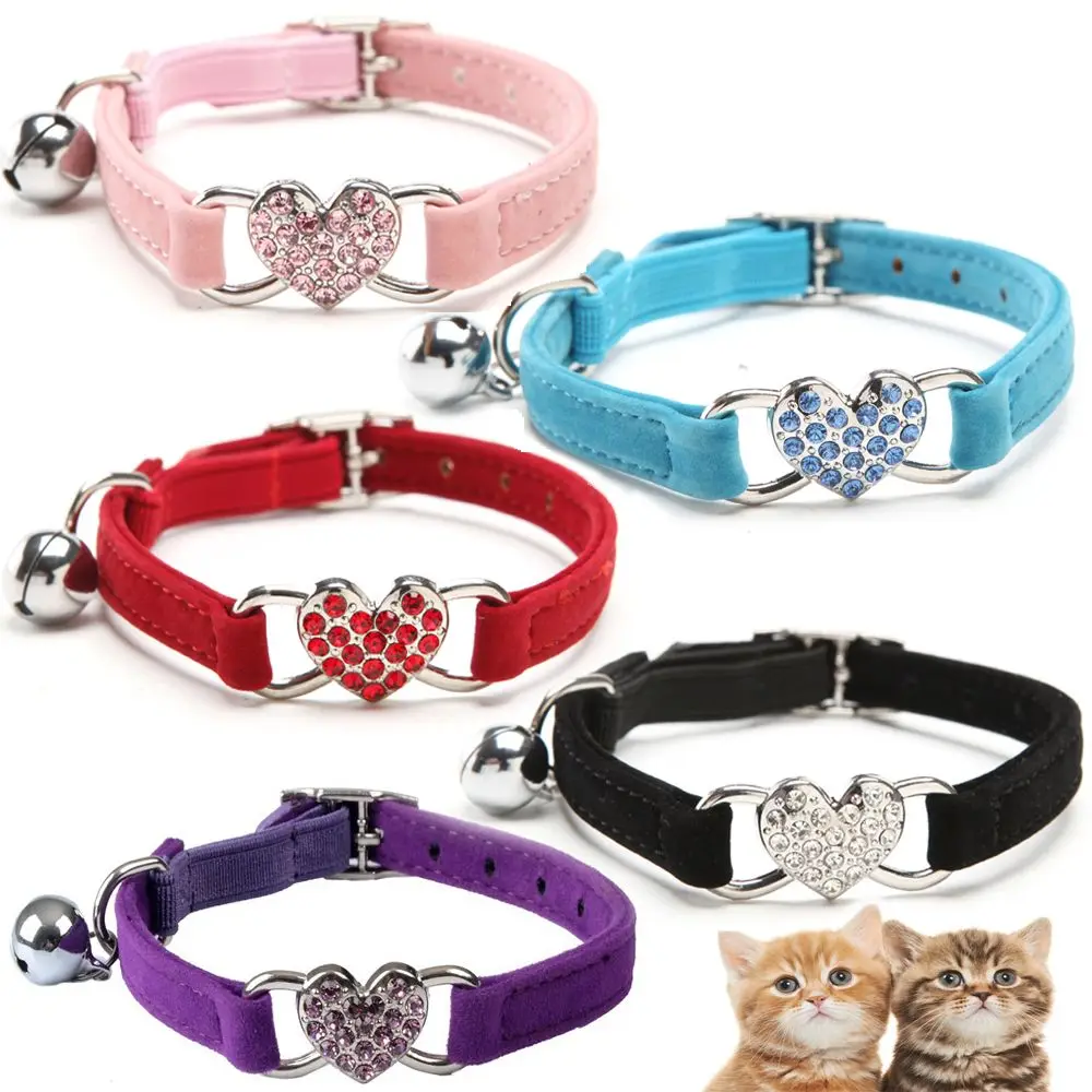 Puppy Cat Kitty Elastic Bell Heart Shape Velvet Pet Necklacce Adjustable Dog Collar