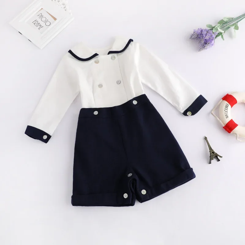 

Baby Boys Sets First Birthday Clothes Outfit Kids Suits White Shirt Short Top Black Pants 2PCS Peter Pan Collar Baptism Toddlers