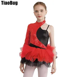 Kids Girls Sequin Tulle Dance Dress Asymmetrical Sleeves Contrast Leotard Dress Dance Costumes