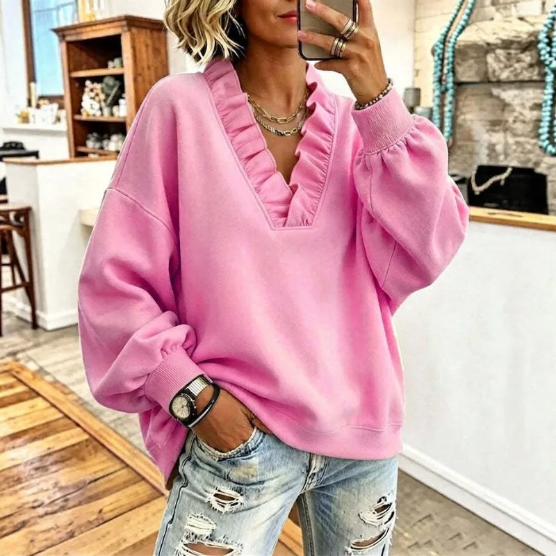 Spring Autumn Fashion Women V Neck Sweatshirt Oversized Casual Top with Rib Cuff Long Sleeve Pullover Blouses Female Sweatshirts
