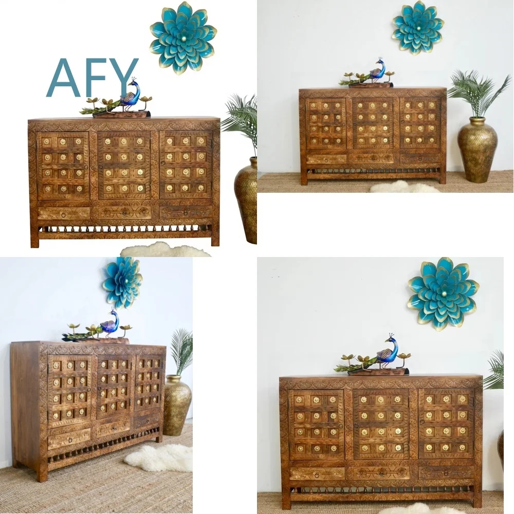 Hand Carved Mango Wood Extendable Living Room Cabinet for Indian Style Decor Oriental Design Natural Wood Furniture Modern