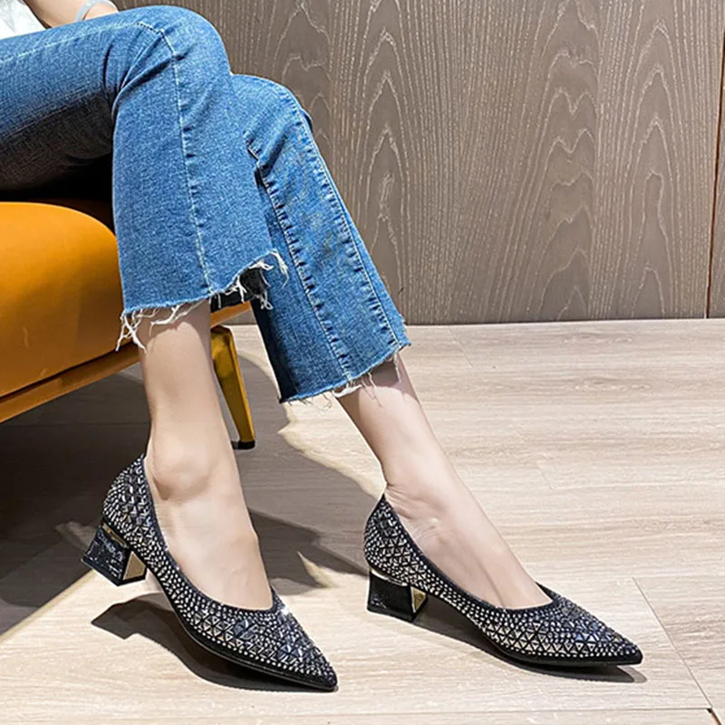 Comemore 2022 New Summer Fashion Pumps Women Crystal Casual Ladies Low Heel Shoes High Heels Tenis Feminino Leather Big Size 43