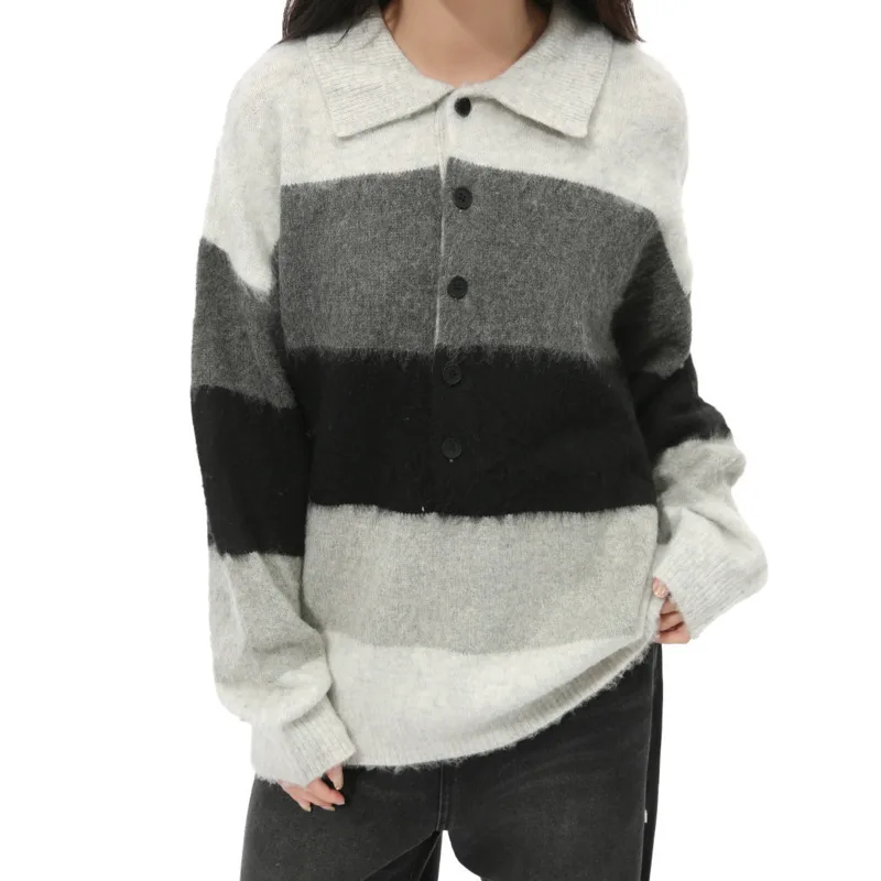 Niche Striped Turn Down Collar Sweater Loose Knitted Long Sleeve Contrast Color Male Tops Fashion 2024 Autumn Winter