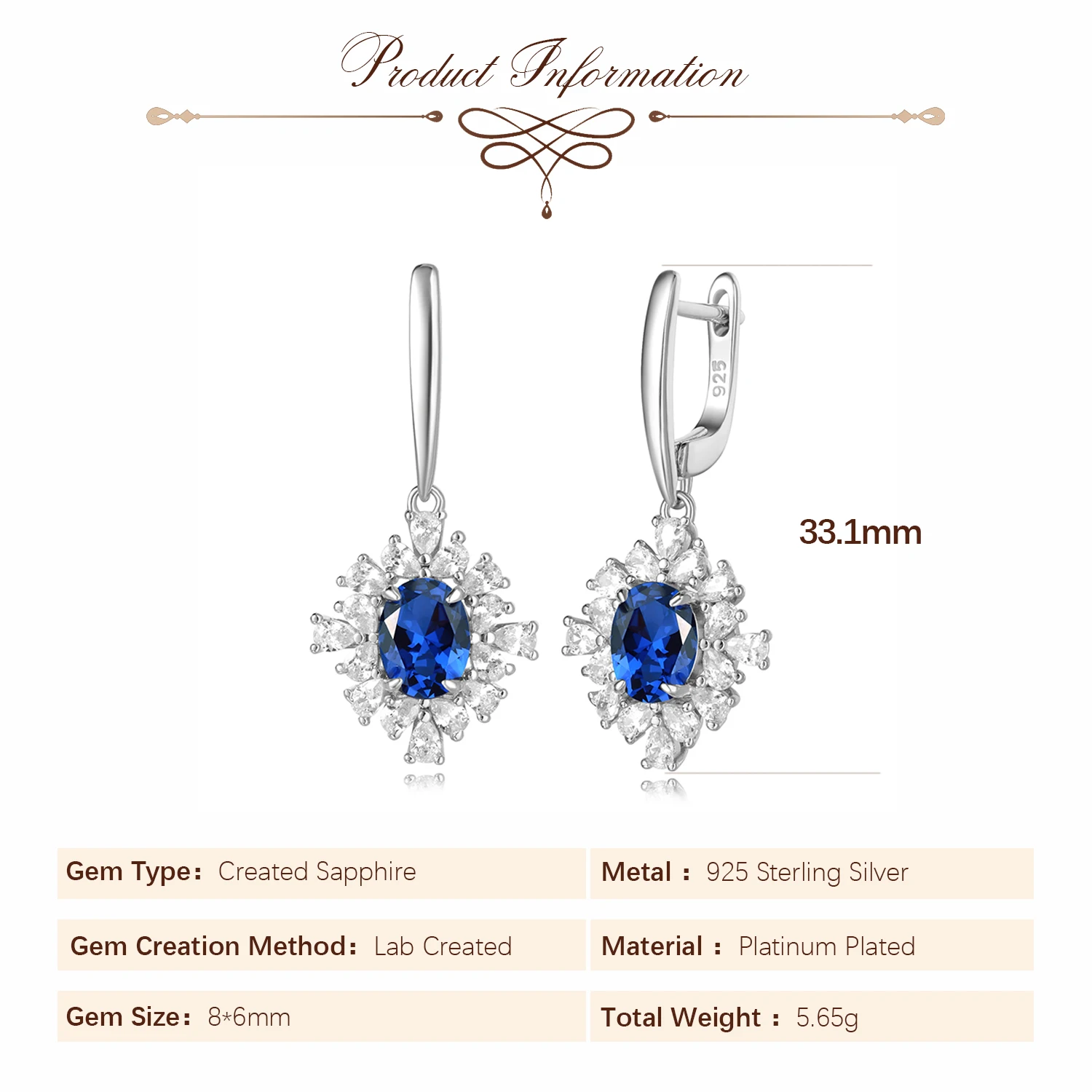 Potiy 925 Sterling Silver Created Sapphire Dangle Drop Earrings   for Women Daily Wedding Party Jewelry set luxury retro gift