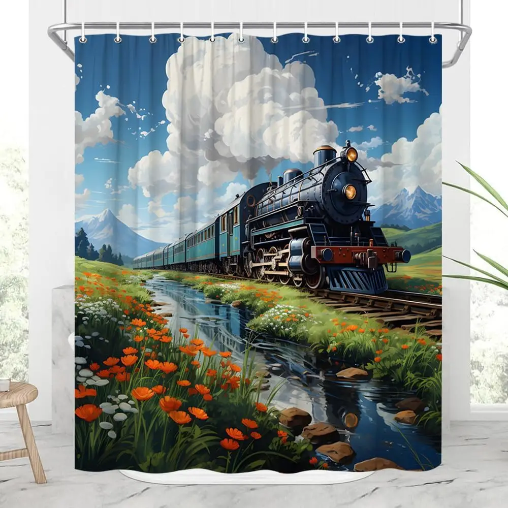 Train Shower Curtain Vintage Old Steam Engine in The Field Railroad Tracks Wildflowers Floral Farmhouse Landscape Bathroom Decor