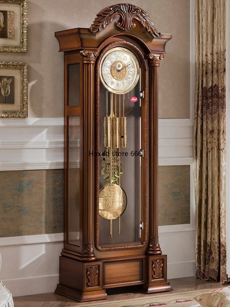 German Hermle Movement European the Grandfather Clock Mechanical Living Room Clock Solid Wood Carved Classical Copper Bell