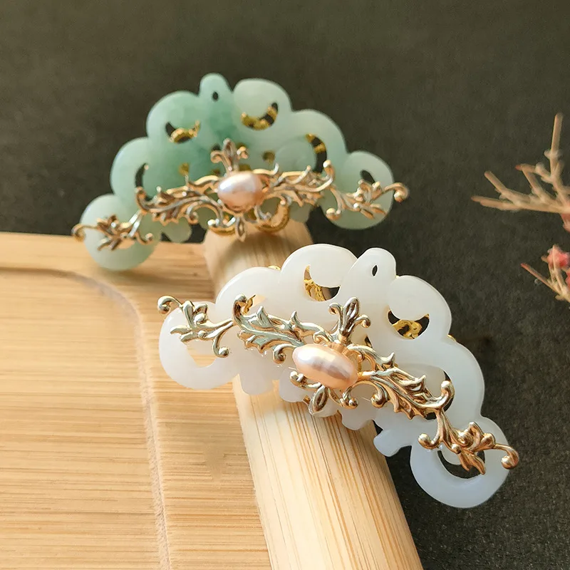 Women's Imitated Jade Pearl Flower Hairpin Hanfu Hair Accessories