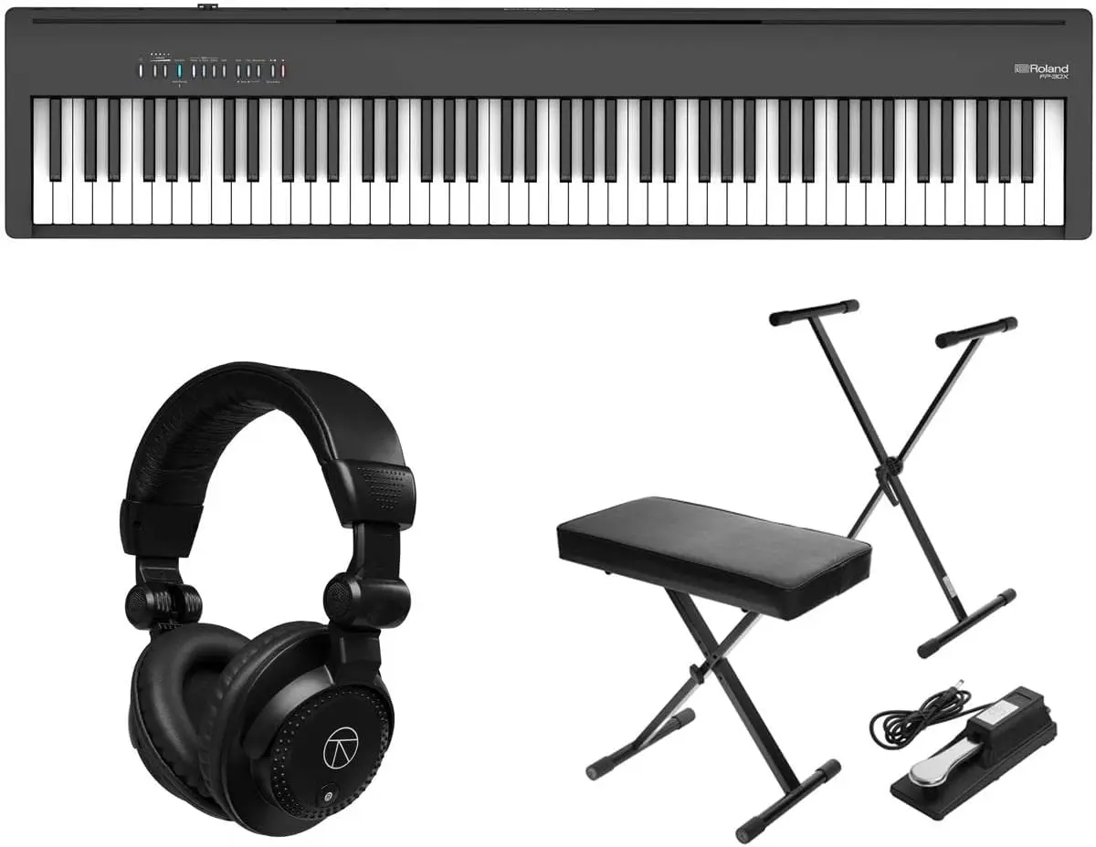 FP-30X 88 Keys SuperNATURAL Portable Digital Piano, Bundle with H&A Studio Monitor Headphones, Keyboard Stand, Bench and Sustain