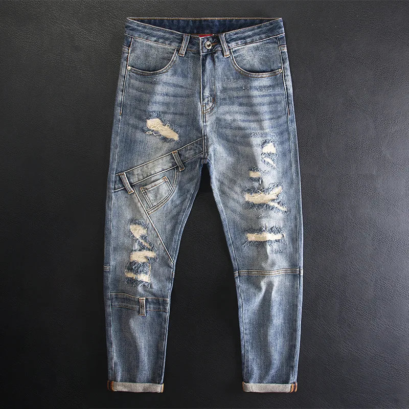 High-End Patchwork Ripped Jeans for Men Slim Fit Stretch Heavy Craft Motorcycle High Street Niche Design Trendy Denim Pants