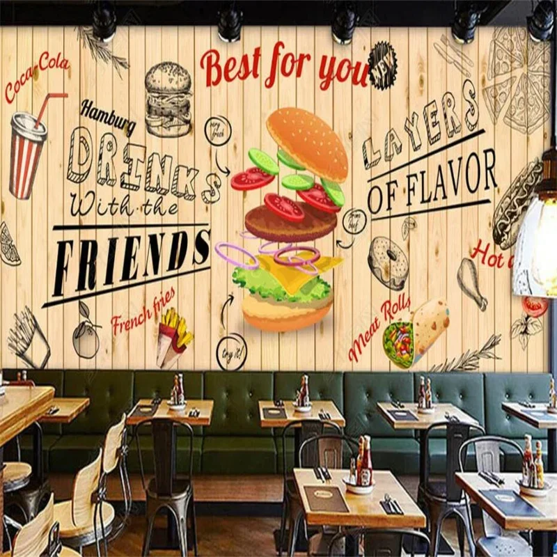 Hand-painted Hamburger Fast Food Wallpaper Mural Restaurant Snack Bar Industrial Decor Wall Paper Papel De Parede Papel Tapiz