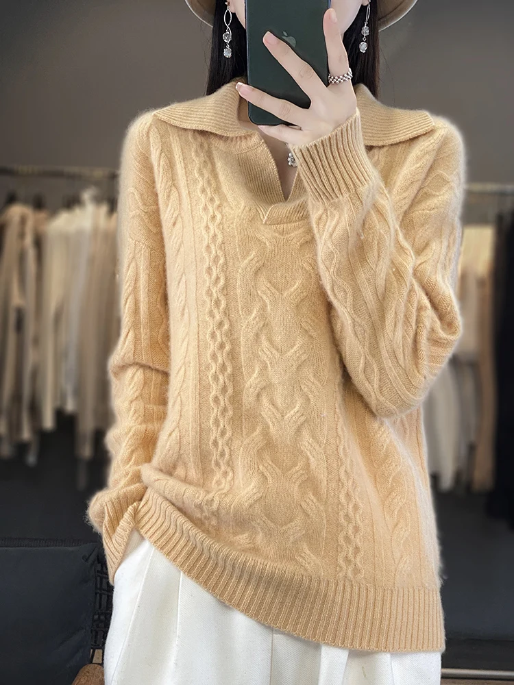 

Office Lady Autumn Winter Sweater 100% Merino Wool Knitwear Turn-down Collar Striped Pullover Long Sleeve Cashmere Clothing Tops