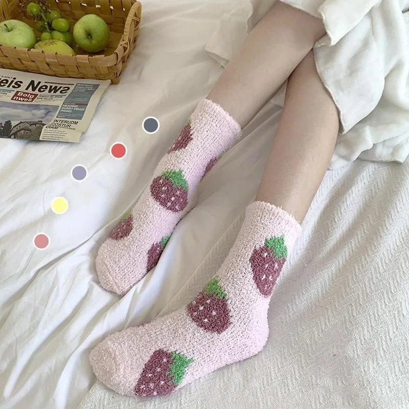 Woman Thick Velvet Socks Winter Autumn Thick Milk Color Fruit Pattern Sock