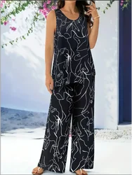 Black Sleeveless Printed Sleeveless Long Pants Set Women Vest Loose Straight Leg Pants Elegant Summer Suit