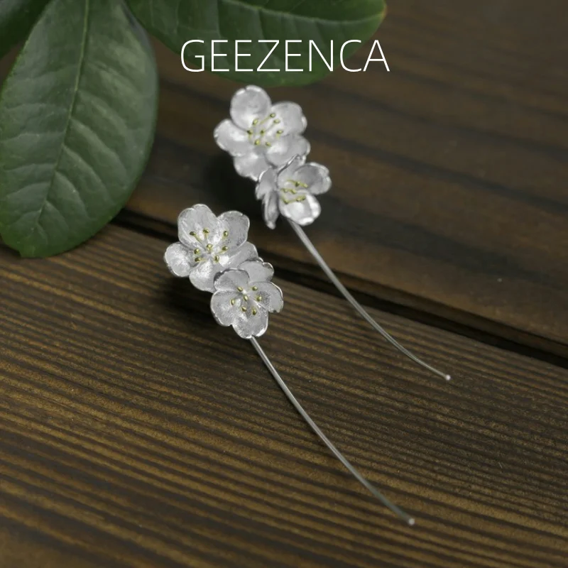 GEEZENCA 925 Sterling Silver 3D Cherry Blossom Flower Earrings For Women Aesthetic Plant Elegant Chic Earring New Party Gift