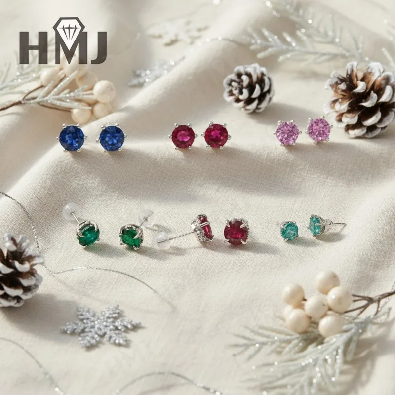 

Lab Grown Gemstone Earrings Round Ruby Sapphire Colombia Padparadscha Paraiba S925 Four-claw Six-claw Ear Studs Christmas Gift