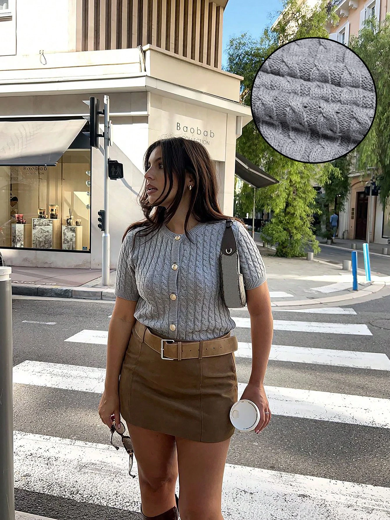 

Женский серый укороченный кардиган крупной вязки с коротким рукавом на пуговицах для весенне-осеннего сезона