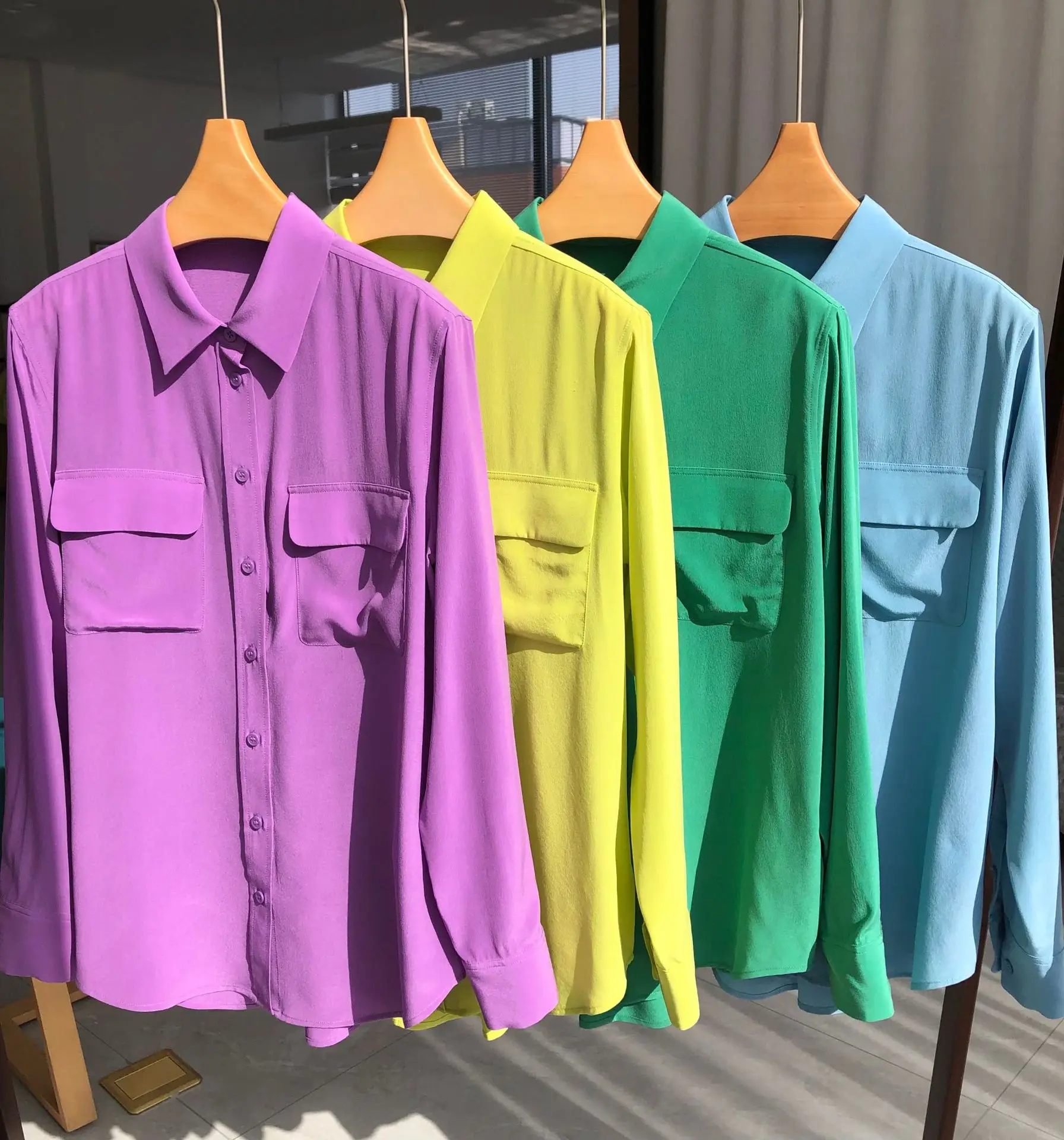 Birdtree 18Mm 100%Real Sandwash Silk Shirts Women Crepe Long Sleeve Double Pockets Blouse Woman New Office Wear Tops T36701QM