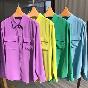 Birdtree 18mm 100% Seidenhemden Real Ice Women Crepe -Ärmel Langarm Doppeltaschen Bluse Frau Nova Office Office T36701qm Tops 8 Hauptverkäufe Seda Crepe Bluse - №4