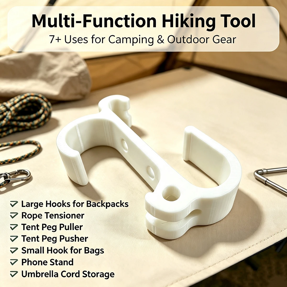 Multi-Function Camping Tool, Tent Peg Puller & Rope Tensioner, Outdoor Backpack Hook Multi-Purpose Hiking Accessory