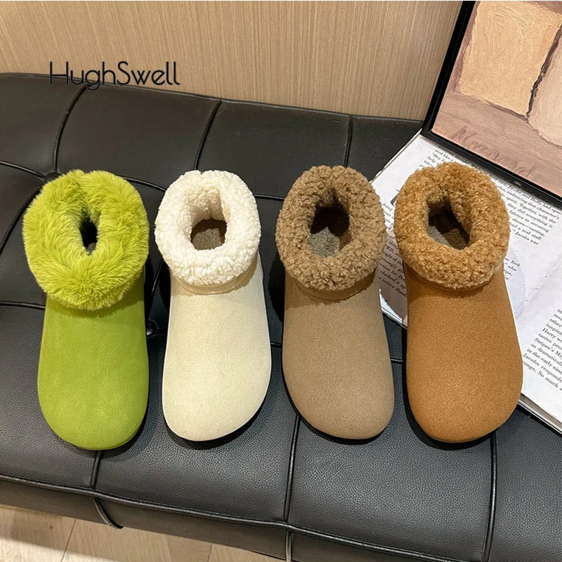 

Unique Green White Snow Boots Woman Thick Fur Slip-on Flat Booties Ladies Winter Brand Design Casual Warm Plush Leather Botas