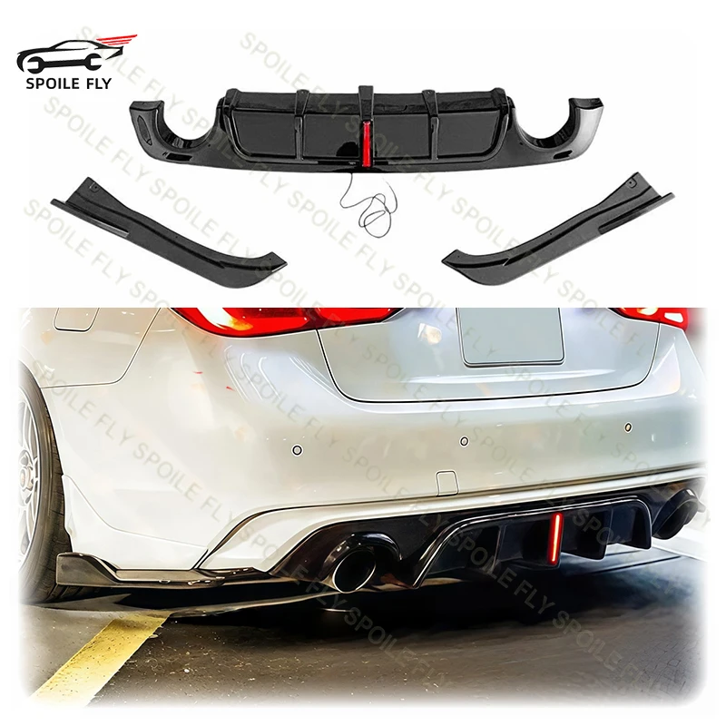 

For Infiniti Q50 Q50L 2018 2019+ High Quality ABS Car Rear Bumper Diffuser Lip Spoiler Tuning Glossy Black With LED Brake Light