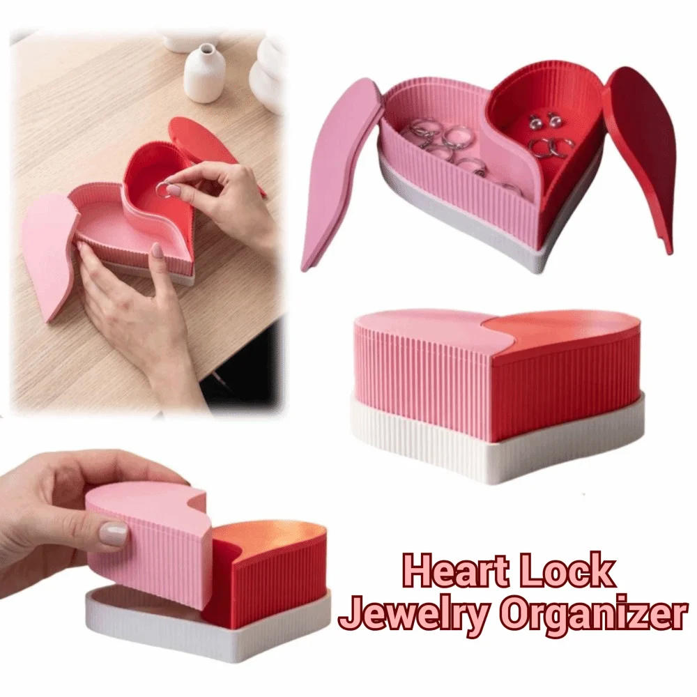 3D Printed Heart Lock Jewelry Organizer Removable 2 Compartments Heart-Shaped Jewelry Box Multi Functional Durable