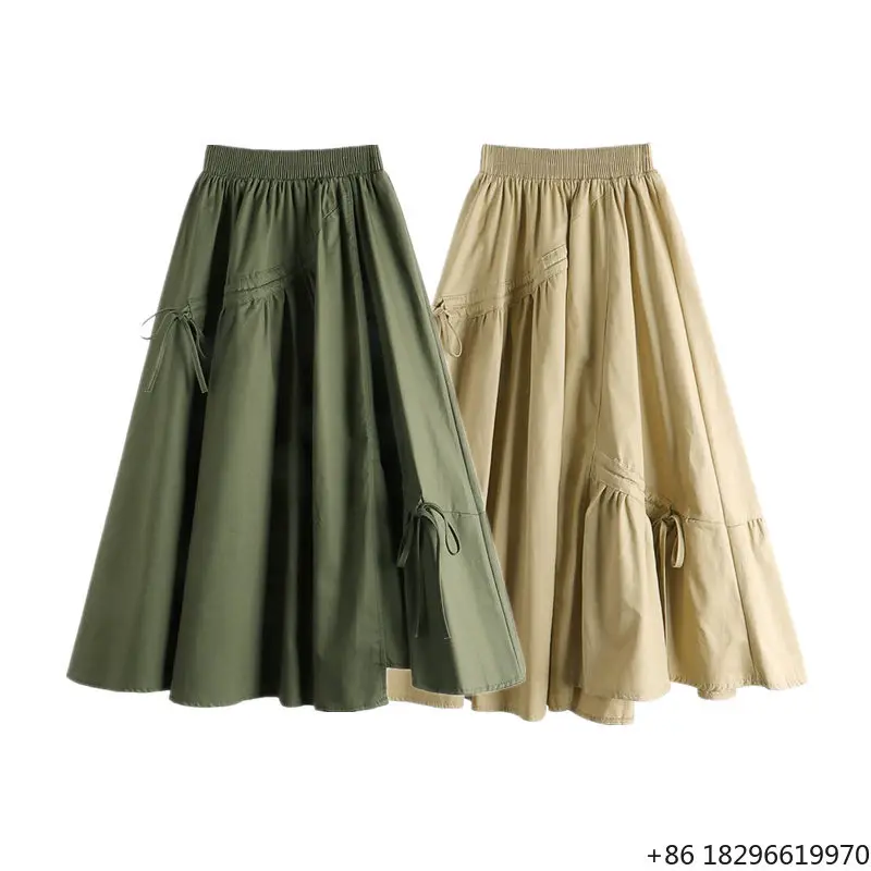 2025 Spring New High Waist Thin Medium Long Irregular Drawstring Bow Large Swing Umbrella Skirt Solid Summer Skirt