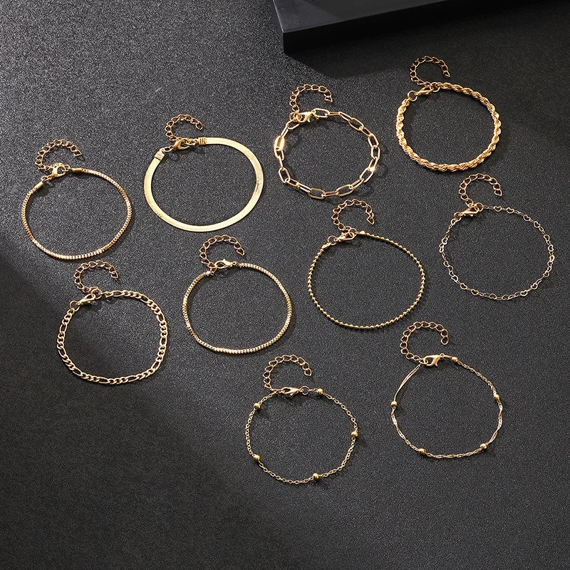 10 Pcs Vintage Statement Gold Color Flat Snake Chain Box Chain Bracelet Boho Multi-layer Metal Bracelet Women's Summer Jewelry image 4