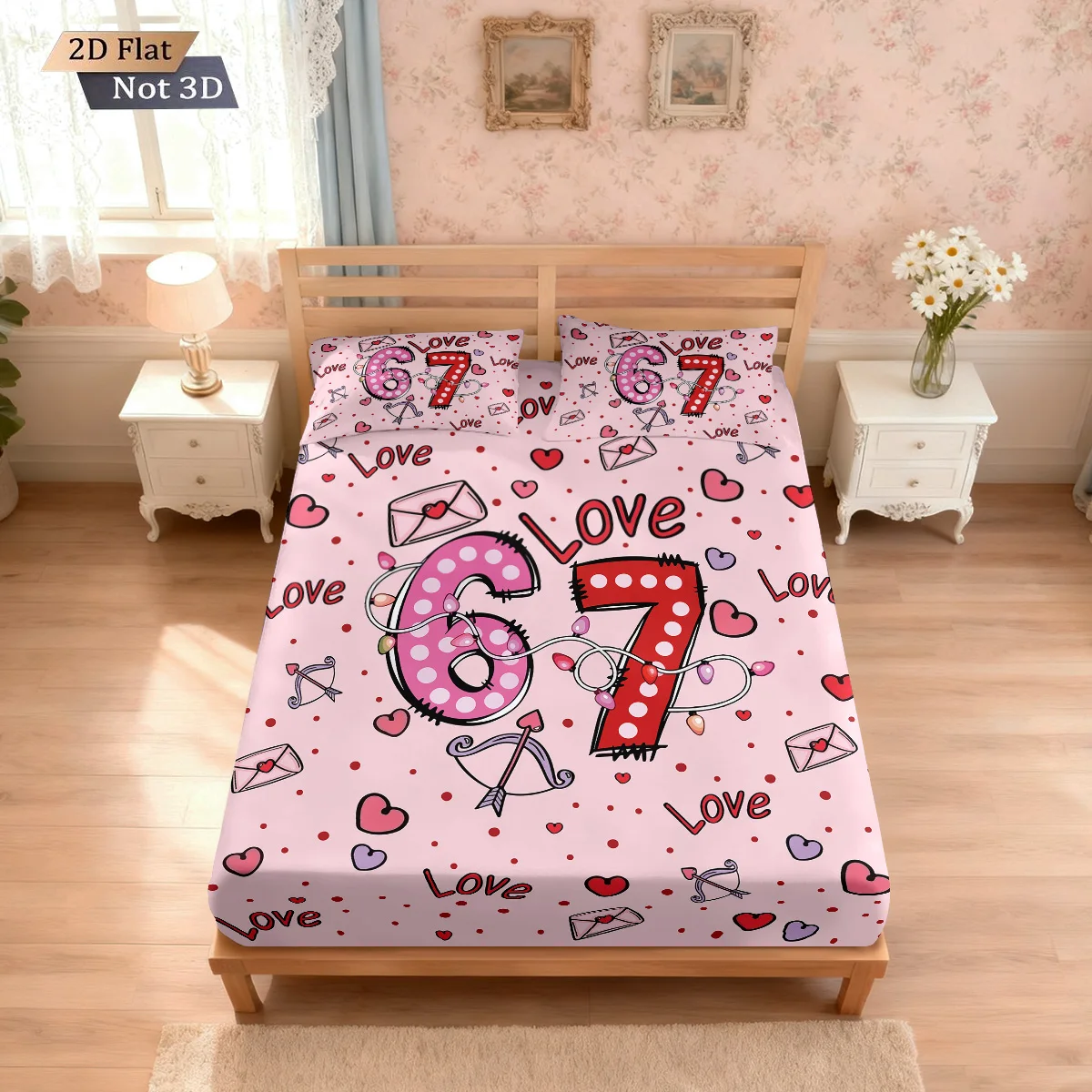 3pcs Valentine's Day Romantic 67 Element Print Quilt Set with coreless Multi Size Bed Cover Bedroom Bedding, Festival Decoration