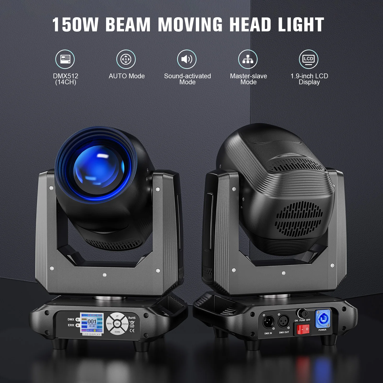 U'King 150W Beam Moving Head Light Rotating 18 Prisms 14 Gobos LED Rainbow Effect Zoom Stage Light DMX512 for DJ Disco Wedding