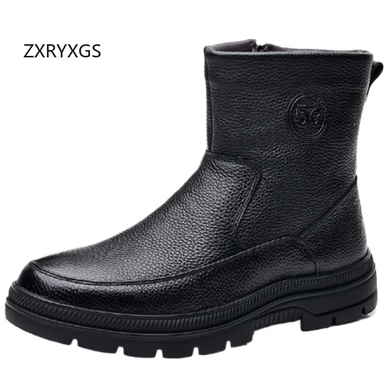 ZXRYXGS Temperament Trend Cowhide Wool Boots Men Shoes 2025 New Winter Snow Boots Flat Thick Sole Non-slip High Top Men's Boots
