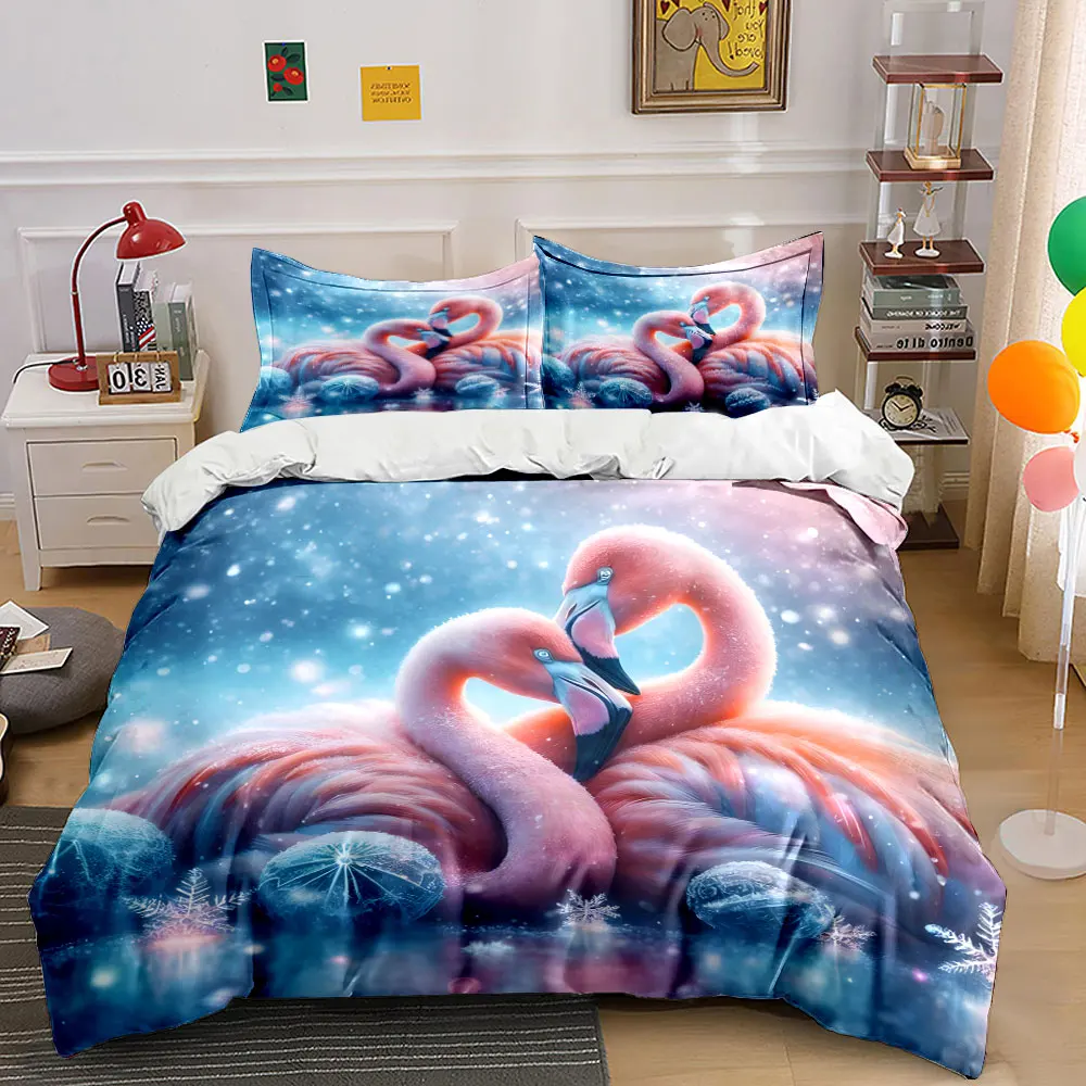 Juego de Funda de Edredón con Diseño de Flamencos Rosados Románticos en Invierno, Impresión 3D, Juego de Ropa de Cama de Poliéster Suave, Comodidad para Todas las Estaciones